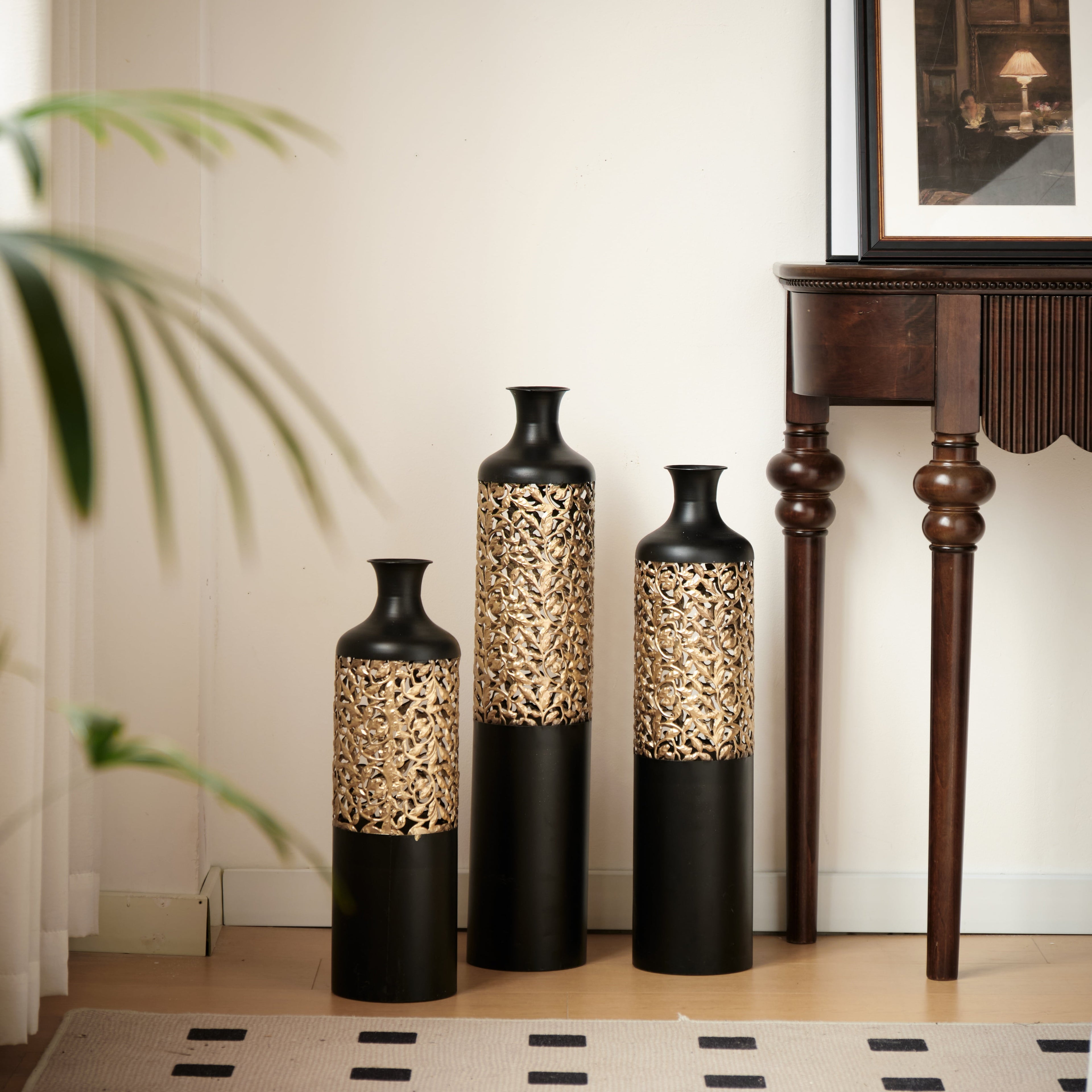 Aukfa Metal Decorative Tall Floor Vase,Set of 3 Large glazed Vases,20.8"/ 24.8"/28.7" H,Black