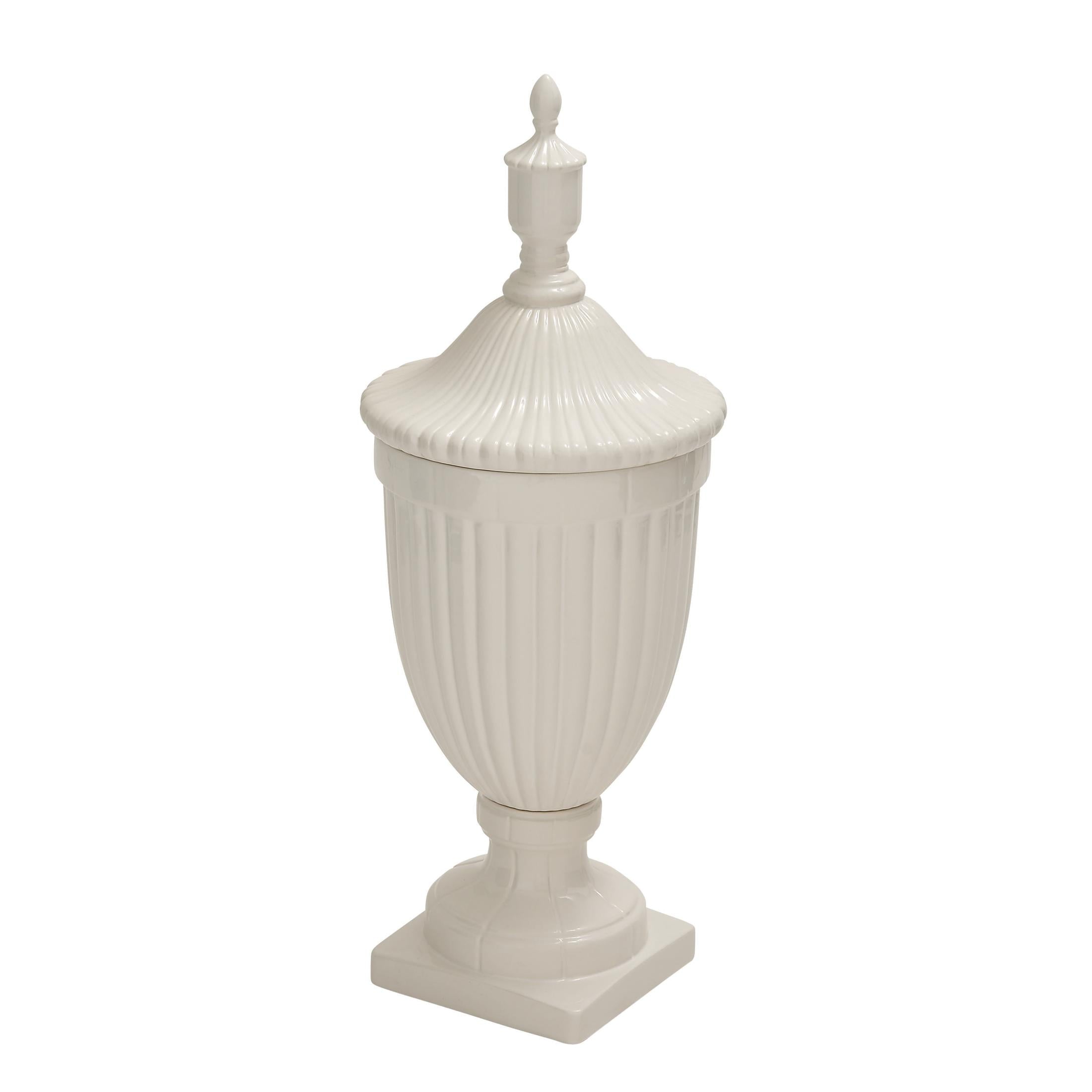 DecMode 12" x 32" White Ceramic Tall Fluted Urn Decorative Jars with Grooves and Lid, 1-Piece