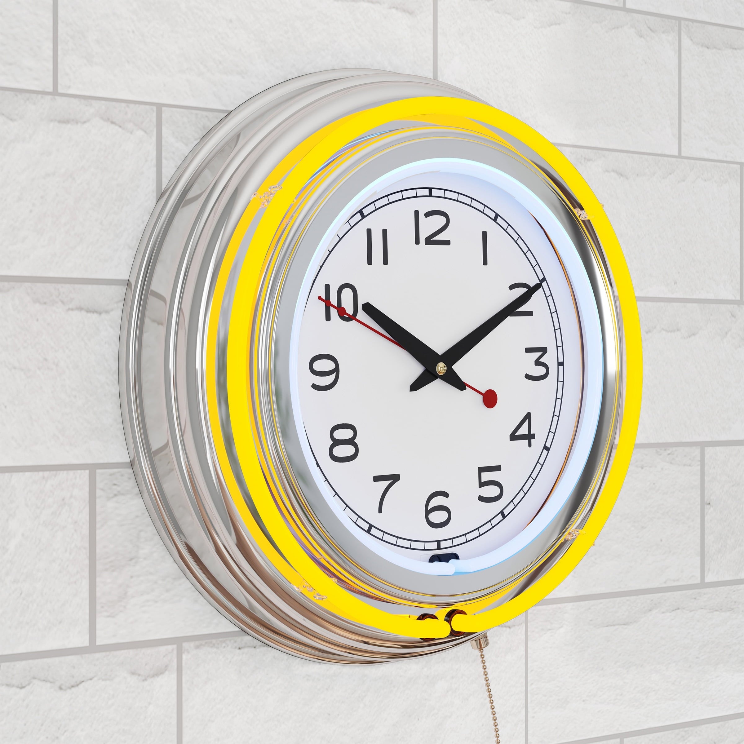 Neon Wall Clock- 14 Round, Double Light Ring, Dual Power, Analog Quartz Timepiece- Retro Décor for Bar, Garage & Game Room by Lavish Home (Yellow)