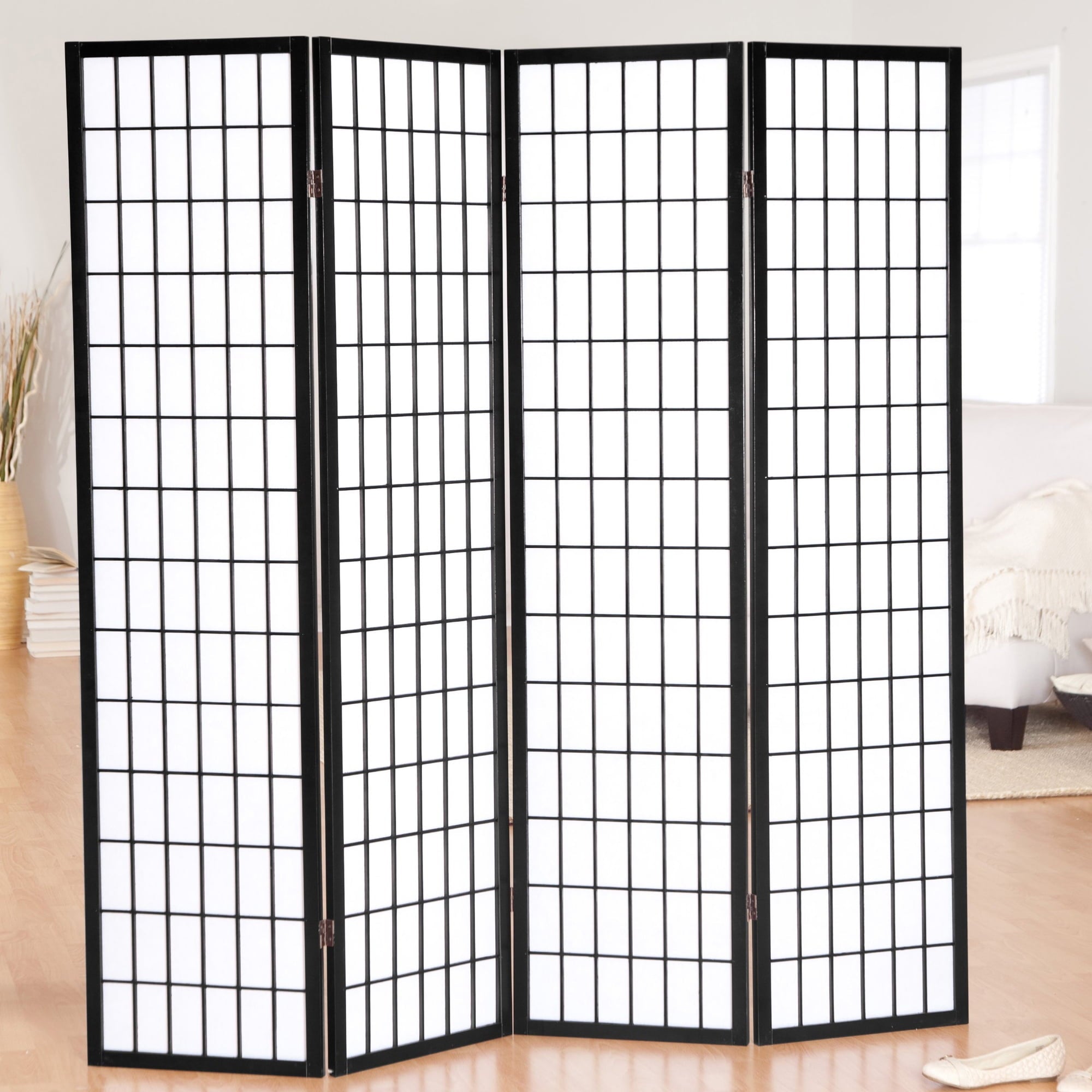 Roundhill Furniture Oriental Shoji 4 Panel Room Divider, 72" Tall, Black